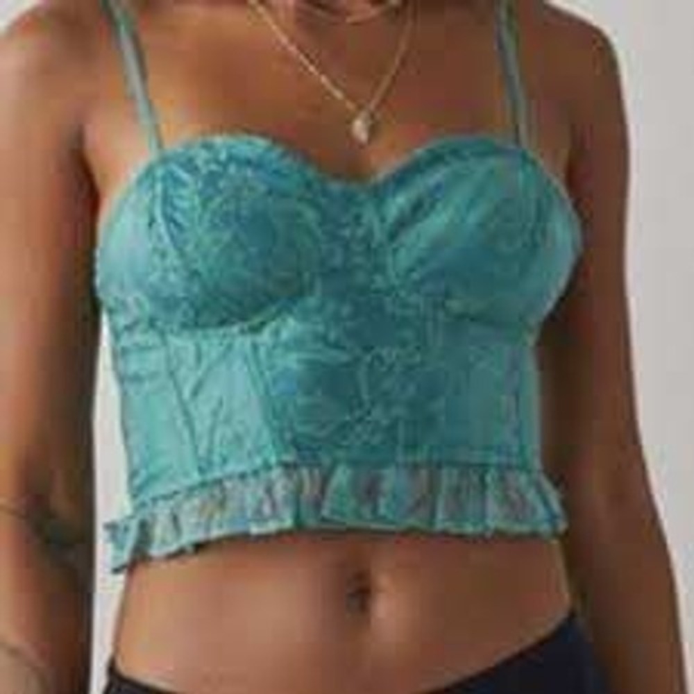 Free People Teal Floral green Women Corset Cami Top Ruffle Bustier SmockedBack S